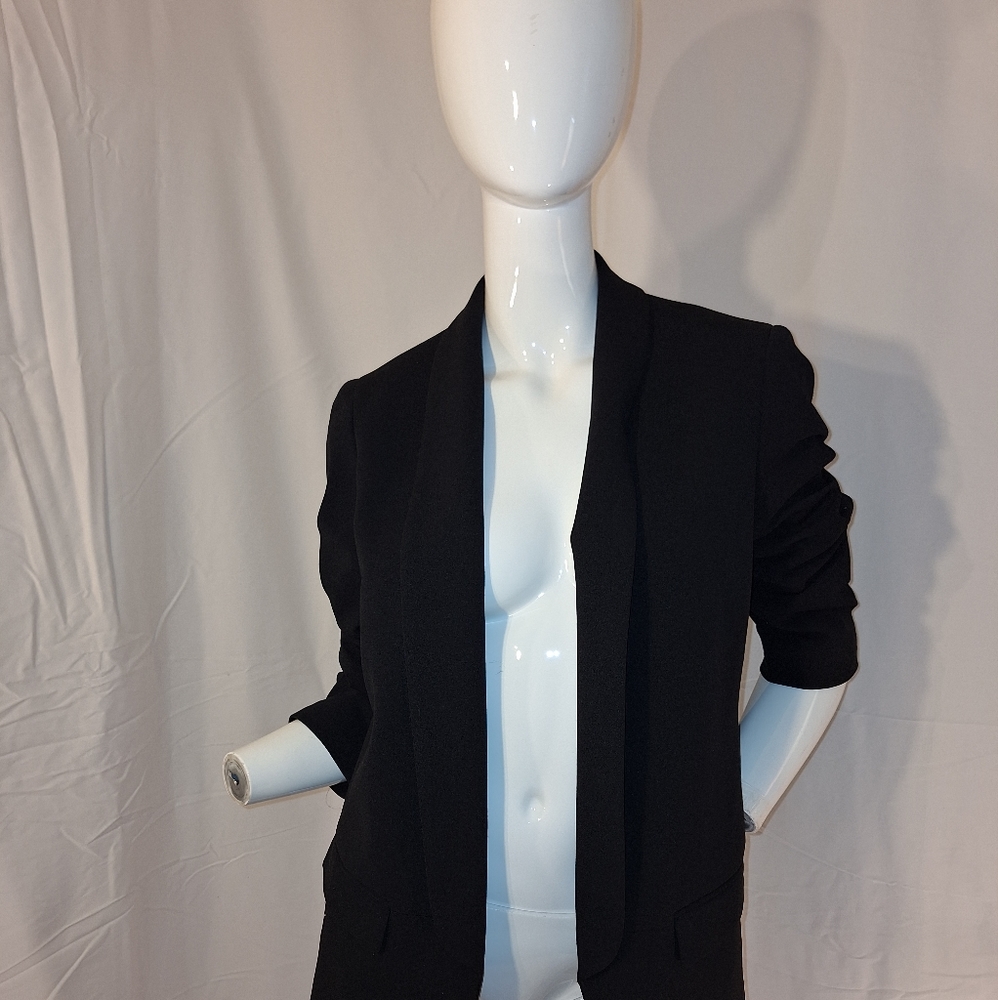 Bar III Blue Knit-Crepe Ruched Sleeve Open Shawl Collar Blazer Jacket